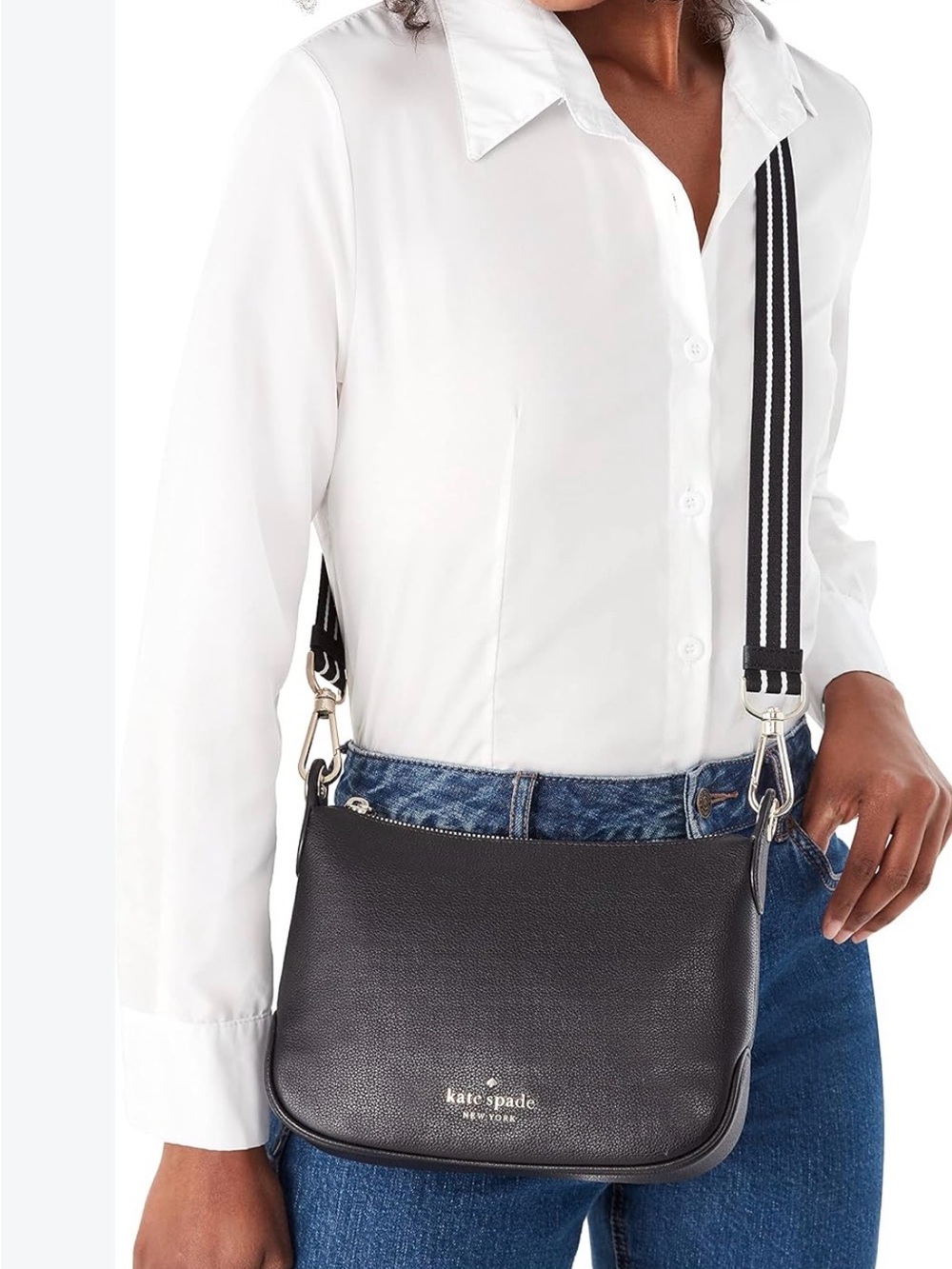 kate spade Black Leather Crossbody Bag with Striped Strap